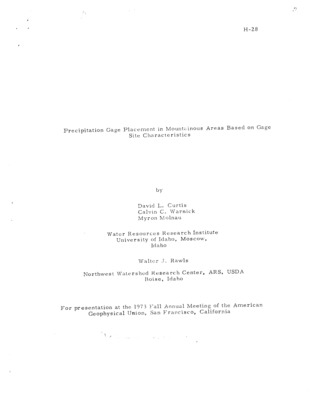 The objective of this study was to determine which, if any, physical parameters might be useful in gage placement and network design.  The area chosen for initial study was the Reynolds Creek watershed in southwester Idaho. The watershed has a dense gage network and is operated by the Northwest Watershed Research Center, Agricultural Research Service, USDA at Boise. The drainage areas is 233 sq. km and teh elevation ranges from 1097 m to 2252 m. About 75 percent of the mean annual precipitation occurs from October to April and is mainly in the form of snow. For presentation at the 1973 Fall Annual Meeting of the American Geophysical Union, San Francisco.