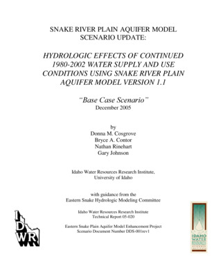 An evaluation of the scenario, Hydrologic Effects of Continued 1980-2002 Water Supply and Use Conditions (also known as the Base Case Scenario), was originally performed using version 1.0 of the Snake River Plain aquifer model [Idaho Water Resources Research Institute (IWRRI), 2004]. The Eastern Snake River Plain aquifer (ESPA) model has been updated to version 1.1, and the results of re-running the Base Case Scenario with the updated model are presented here. The Base Case Scenario is one of many simulations using the ESPA model to provide information and assist in resolution of conflicts among water right holders and guide future water management such as implementation of managed recharge. Water management should be guided by a collective perspective, using many of the scenario evaluations rather than a single document. [...] This "Base Case Scenario" consists of repeatedly re-running the 22-year model. This implies that at the end of April 2002, irrigation practices, weather and crop mix immediately revert back to 1980 conditions. Nothing resembling this happened between 2002 and 2005 or can be expected in the future years. Thus, this analysis cannot be used to forecast future conditions, however it will provide an assessment of how close to equilibrium the calibration period was. The purpose of this scenario evaluation is to determine and describe how spring discharges and river gains and losses are affected by continued future water use in a manner similar to the 1980-2002 period, assuming that weather conditions for that period are also representative of the future.