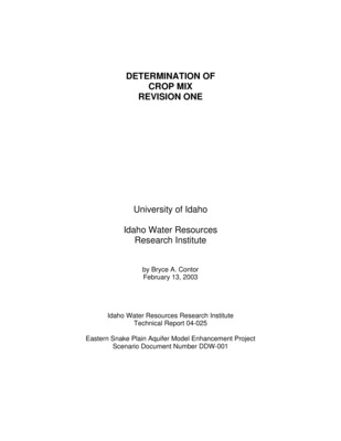 Design documents are a series of technical papers addressing specific design topics on the eastern Snake River Plain Aquifer Model upgrade. Each design document will contain the following information: topic of the design document, how that topic fits into the whole project, which design alternatives were considered and which design alternative is proposed. In draft form, design documents are used to present proposed designs to reviewers. Reviewers are encouraged to submit suggested alternatives and comments to the design document. Reviewers include all members of the Eastern Snake Hydrologic Modeling (ESHM) Committee as well as selected experts outside of the committee. The design document author will consider all suggestions from reviewers, update the draft design document, and submit the design document to the SRPAM Model Upgrade Program Manager. The Program Manager will make a final decision regarding the technical design of the described component. The author will modify the design document and publish the document in its final form in .pdf format on the SRPAM Model Upgrade website. Final model documentation will include all of the design documents, edited to ensure that the "as-built" condition is appropriately represented. The calculation of net recharge from surface water irrigation, or the net withdrawal from groundwater irrigation, requires a calculation of evapotranspiration (ET). Calculation of ET requires knowledge of the crop mix. Differences in crop mix can change average ET by as much as ten percent, which translates into 1.7 x 1010 ft3 (400,000 acre feet), or approximately seven percent of the aquifer water budget. This design document examines various sources of crop-mix data, the challenges posed by limitations of each, and explains the selected method to determine crop mix for use in the study. Appendix 2 is the revision, dated 2-13-2003, published 11-15-2004.