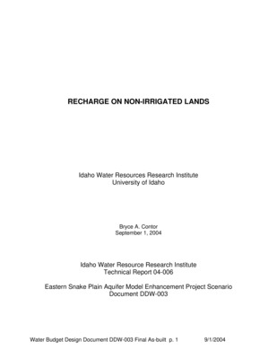 Design documents are a series of technical papers addressing specific design topics on the eastern Snake River Plain Aquifer Model upgrade. Each design document will contain the following information: topic of the design document, how that topic fits into the whole project, which design alternatives were considered and which design alternative is proposed. In draft form, design documents are used to present proposed designs to reviewers. Reviewers are encouraged to submit suggested alternatives and comments to the design document. Reviewers include all members of the Eastern Snake Hydrologic Modeling (ESHM) Committee as well as selected experts outside of the committee. The design document author will consider all suggestions from reviewers, update the draft design document, and submit the design document to the SRPAM Model Upgrade Program Manager. The Program Manager will make a final decision regarding the technical design of the described component. The author will modify the design document and publish the document in its final form in .pdf format on the SRPAM Model Upgrade website. Final model documentation will include all of the design documents, edited to ensure that the "as-built" condition is appropriately represented. This is the final as-built report on the calculation of recharge on non-irrigated lands. This Design Document discusses calculation of two spatially-distributed components of the aquifer water budget; recharge from precipitation on non-developed lands and spatially-distributed recharge and discharge from land uses that comprise a small fraction of the study area. These minor-use areas are dry farms, cities, and wetlands. This design document presents the method used for calculating recharge from precipitation using GIS grid maps of monthly precipitation (Daly and Taylor 2001) and generalized soil maps (Garabedian 1992). This calculation was performed for all the areas of the plain not represented as dry farms, cities, or wetlands. These minor-area lands were represented as separate polygons to which a fixed net recharge rate was applied. The outcome was a single GIS grid map per stress period, covering the entire plain and representing recharge for non-irrigated land use. In calculating the water budget, the recharge tool (comprised of a GIS component and a Fortran component) considered maps of irrigated lands and applied either the irrigated-lands recharge calculation or the recharge depth from the GIS grid map to appropriate areas of each model cell. The irrigated-lands map is described in Design Document DDW-015 and the irrigated-lands recharge calculation is described in Design Documents DDW-001, DDW-002, DDW-021 and DDW-022.