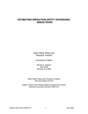 Design documents are a series of technical papers addressing specific design topics on the eastern Snake River Plain Aquifer Model upgrade. Each design document will contain the following information: topic of the design document, how that topic fits into the whole project, which design alternatives were considered and which design alternative is proposed. In draft form, design documents are used to present proposed designs to reviewers. Reviewers are encouraged to submit suggested alternatives and comments to the design document. Reviewers include all members of the Eastern Snake Hydrologic Modeling (ESHM) Committee as well as selected experts outside of the committee. The design document author will consider all suggestions from reviewers, update the draft design document, and submit the design document to the SRPAM Model Upgrade Program Manager. The Program Manager will make a final decision regarding the technical design of the described component. The author will modify the design document and publish the document in its final form in .pdf format on the SRPAM Model Upgrade website. Final model documentation will include all of the design documents, edited to ensure that the "as-built" condition is appropriately represented. Percolation from surface water irrigation is the largest component of recharge to the eastern Snake Plain Aquifer. In order to effectively and accurately estimate this recharge component of the system, irrigation diversions from the river must be estimated with the highest degree of accuracy as possible. Return flow to the river and evapotranspiration are also components of calculating percolation from surface water irrigation, and are discussed in design documents DDW-005, DDW-006, DDW-007, and DDW-010. This paper summarizes and analyzes the method of estimating irrigation entity diversions from the Snake River within the boundaries of the ESPAM study area. Non- Snake River diversions are discussed in DDW-025. The related topics of aggregating surface water canal companies into surface water irrigation entities and calculating return flow lag factors are discussed in design documents DDW-008 and DDW-005, respectively.