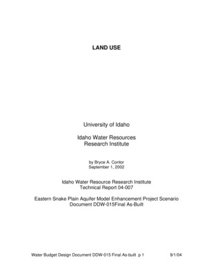Design documents are a series of technical papers addressing specific design topics on the eastern Snake River Plain Aquifer Model upgrade. Each design document will contain the following information: topic of the design document, how that topic fits into the whole project, which design alternatives were considered and which design alternative is proposed. In draft form, design documents are used to present proposed designs to reviewers. Reviewers are encouraged to submit suggested alternatives and comments to the design document. Reviewers include all members of the Eastern Snake Hydrologic Modeling (ESHM) Committee as well as selected experts outside of the committee. The design document author will consider all suggestions from reviewers, update the draft design document, and submit the design document to the SRPAM Model Upgrade Program Manager. The Program Manager will make a final decision regarding the technical design of the described component. The author will modify the design document and publish the document in its final form in .pdf format on the SRPAM Model Upgrade website. Final model documentation will include all of the design documents, edited to ensure that the "as-built" condition is appropriately represented. This is the final as-built report for determination of land use and land cover. Recharge calculations depend on the type of land use or land cover. Recharge on irrigated lands was calculated according to the net application of irrigation water from surface sources, the mix of crops, the application method, and the adjusted evapotranspiration rate according to the nearest weather station. Design Documents DDW-001, DDW-002, and DDW-005 through DDW-017 discuss various aspects of this calculation. Recharge on non-irrigated lands was calculated according to procedures presented in Design Document DDW-003. Knowledge of land use or cover was required to determine which calculation method to use, and to apply the appropriate parameters in calculating recharge. There are large differences in recharge rate, depending on the land use. Wetlands that are interconnected with the aquifer may result in a recharge of negative two feet per year or more (Goodell 1988), while other non-irrigated lands may have positive recharge of a few tenths of a foot (Garabedian 1992). Irrigated lands may have positive recharge rates of up to several feet. These large differences in recharge rate make it important to correctly identify the land use within the study area. This paper describes land use maps used in previous studies, the options available for the Eastern Snake Plain Model Enhancement Project, and the methods chosen.