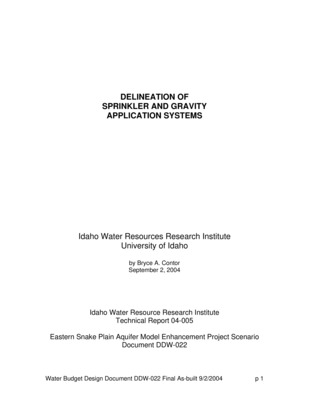 Design documents are a series of technical papers addressing specific design topics on the eastern Snake River Plain Aquifer Model upgrade. Each design document will contain the following information: topic of the design document, how that topic fits into the whole project, which design alternatives were considered and which design alternative is proposed. In draft form, design documents are used to present proposed designs to reviewers. Reviewers are encouraged to submit suggested alternatives and comments to the design document. Reviewers include all members of the Eastern Snake Hydrologic Modeling (ESHM) Committee as well as selected experts outside of the committee. The design document author will consider all suggestions from reviewers, update the draft design document, and submit the design document to the SRPAM Model Upgrade Program Manager. The Program Manager will make a final decision regarding the technical design of the described component. The author will modify the design document and publish the document in its final form in .pdf format on the SRPAM Model Upgrade website. Final model documentation will include all of the design documents, edited to ensure that the "as-built" condition is appropriately represented. This Design Document is the final as-built version, reflecting the actual calculated sprinkler percentages for each irrigation entity and groundwater polygon. It reflects the revised surface water irrigation entities modified in spring of 2003. The model proposes use of "adjustment factors" to calculate fieldcondition evapotranspiration from predicted evapotranspiration under well watered, disease free conditions. Because actual evapotranspiration may be affected by the type of application system used (as well as other factors), and because changes in application system type (e.g. gravity to sprinkler) have occurred during the period of the study, a method for identifying application method and describing changes is required. A secondary reason to identify application method is that the difference between actual irrigated acres and nominal irrigated acres may depend on application method (see Design Document DDW-015).