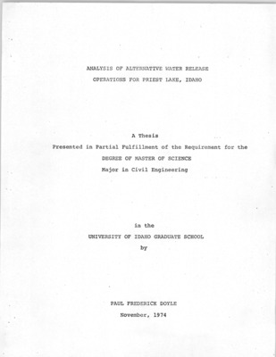 In this study several alternative water release operations of Priest Lake Outlet Dam are evaluated and compared with the present operation using guidelines established by National Water Resources Council's &quot;&quot;Principles and Standards for Planning Water and Related Land Resources.&quot;&quot; Functional purposes considered relevant to the plan are flood damage reduction, power, lake recreation, river recreation, land measures, regional income, and many classed under Environmental Quality and Social Weil-Being objectives. A methodology, based on current information and a research of applicable literature, is developed for determining economic values, for the National Economic Development and Regional Development objectives without actually testing any of the proposed alternatives. The Environmental Quality and social Weil-Being objectives are enumerated. Problems associated with present lake regulation and resulting changes in river flow regime are discussed. The analysis of the alternative water release operations is displayed in simple tabular form. The many environmental quality and social well-being objectives preclude any rigorous economic analysis to determine optimum operation. An approach to the selection of the optimum operation is suggested as well as improvements to the present method of operation. The operation selected as optimum from the seven alternatives investigated is the one which best satisfies the opposing concerns.