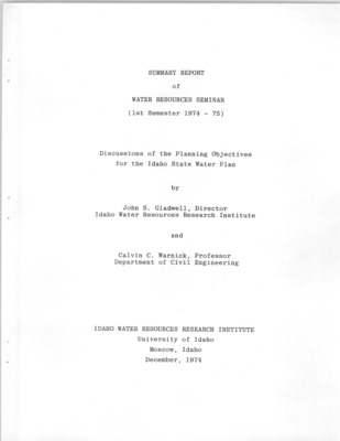 This report is a summary of the discussions that took place in an interdisciplinary graduate seminar that was conducted on the campus of the University of Idaho during the first semester of 1974-75. The topic was a review and analysis of the objectives specified by the Idaho Water Resource Board to be followed as a policy in the preparation of an Idaho Water Plan. The first six presentations were from state and federal agency leaders expressing their opinion and reactions to the objectives. Oral presentations followed by the graduate students, after which they submitted brief written comments expressing their own thoughts, ideas gained from reading and reactions to questions raised during the student presentation. This proved to be an outstanding educational endeavor that brought numerous viewpoints forth in a quiet and objective atmosphere of inquiry. Brief statements of the important comments brought forth are summarized by the authors to reflect the important findings that should merit the attention of those who participated and the consideration of agencies concerned with water resource planning in the state and region.