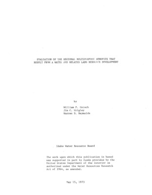 The Mountain Home Division of the Southwestern Idaho Water Development Project was chosen as a model to study methodology for evaluating regional multipurpose benefits resulting from water and related land development. It is hoped that the methodology will be applicable in other areas. Minimum flows in the river, municipal and industrial uses of water, and recreational side effects were evaluated to determine the impact of a large irrigation project on a region such as Southwest Idaho. The effects on power generation at Anderson Ranch Dam was also considered as a secondary effect to revised dam operation. A discussion of irrigation efficiencies was included to point out the benefits that could be derived from using less water per unit of land.