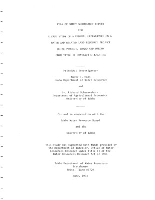 Modern technology, increased affluence and population growth have resulted in an expanding use of the nation's water and related land resources. The public is demanding better management and use of natural resources while at the same time the conflicting demands are creating more and more issues. Federal expenditures make up a substantial portion of all government expenditures in water development. This Plan of Study Subproject report presents an analysis of the federal role in water development and planning criteria; and the report proposes an approach for completing the ex-post analysis of the Boise Project in southwest Idaho and eastern Oregon. As a result of the work completed during the first year on the Plan of Study Subproject Study and the Hydrology and Economic History Support studies the following conclusions and recommendations are presented and discussed: --Ex-post analysis of a selected water resource project can contribute to more responsive planning, decision making and a better allocation of resources. --Ex-post analysis, structured so as to utilize the Principles and Standards,!/ will provide maximum utility to the planner. --Ex-post analysis should be structured following societal objectives rather than traditional water use functional objectives. The Principles and Standards, with modification can accommodate this approach. ' --The influence of exogenous forces on beneficial and adverse effects must be considered if a realistic appraisal is to be obtained through an ex-post analysis.