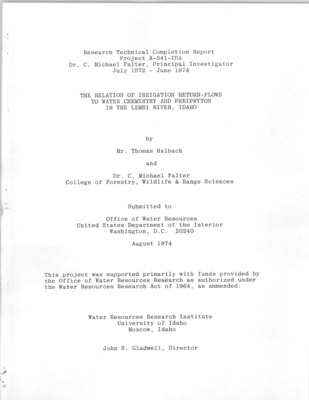 Irrigation development in the Lemhi Valley is related to both the chemical quality of the river water and the instream algal populations. Nitrate concentrations in the river peaked shortly after onset of irrigation in the spring, then decreased through the summer. Nitrates also decreased downriver due to high algal demand and possible denitrification within the soiL Phosphate concentrations increased more slowly than did nitrates after onset of irrigation but increased consistently downriver. In late August, soluble phosphates were seven to eight times more abundant at the mouth of the river than in the headwaters. Nitrate concentrations ranged from &lt;.10 in August to &gt;2.8 mg/1 in November, while phosphates ranged from .008 mg/1 in August to .098 mg/1 in July. Total dissolved solids increased downriver, and ranged from 140 mg/1 in May to 385 mg/1 in August.