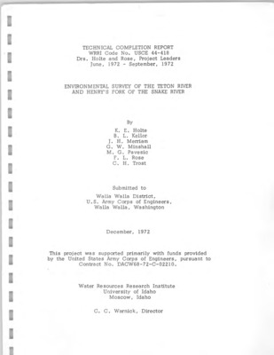 A survey of existing environmental conditions was conducted by seven investigators using the following methods: An investigative overflight, on-the-ground visitations, interviews with area professionals and laymen, and a search of literature and reference materials. Evaluation and discussion of the agricultural, archaeological, economic, population, water resources, wildlife, and plant life data comprise the major portion of the text. The evaluations are summarized in a list of recommendations which appear at the end of the text. Because near maximum utilization is now occurring, it is recommended that no further major development of water resources should occur without prior intensive investigations by competent teams who include all consequences of such development in their study. Included in the appendices are an economic evaluation of current and possible future activities of man and annotated lists of birds, mammals, fish, and plants of Fremont, Madison and Teton Counties, Idaho.