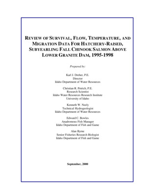 The effectiveness of flow augmentation in aiding conservation and recovery of Snake River salmonid populations listed under the Endangered Species Act is questionable. The purpose of flow augmentation has been largely to increase the velocity and/or reduce the temperature of water flowing through mainstem reservoirs in the lower Snake and Columbia Rivers. Although improved adult returns are generally associated with good water years (e.g., high natural flow and spill) during juvenile outmigration, the efficacy of flow augmentation as a substitute for good water years has not been defensibly established. During the period from 1995 through 1998, the National Marine Fisheries Service (NMFS), the U.S. Fish and Wildlife Service, and the Nez Perce Tribe investigated migration characteristics of hatchery-raised, subyearling fall chinook salmon (Oncorhynchus tshawytscha) in the Snake River Basin (Muir et al., 1999). Hatchery raised subyearlings were used as surrogates for wild subyearlings in the survival research. The studies showed that estimated survival from points of release to the tailrace of Lower Granite Dam could be correlated with all three environmental variables examined (flow rate, water temperature, and turbidity). Estimated survival decreased throughout the season, as flow volume and turbidity decreased and water temperature increased (Muir et al., 1999). These correlations have provided the primary basis for the continuation of flow augmentation from reservoirs in the Snake River and Clearwater River Basins (NMFS, 1999). The purpose of this report is to provide a review of the data considered in the Muir et al. (1999) study within the context of determining the efficacy of flow augmentation for enhancing the survival of subyearling fall chinook. In particular, relationships between flow rates, water temperatures, travel times, and estimated survival of hatchery-raised, subyearling fall chinook salmon between points of release and detections at Lower Granite Dam are examined. This report includes analyses of: (1) flow rates and water temperatures at Lower Granite Dam; (2) estimated survival with 5th percentile flow indices; (3) estimated survival and 5th percentile water temperature indices; (4) estimated survival versus release dates; (5) estimated survival versus release groups; and (6) fall chinook travel times and numbers of detections. Finally, these comparisons are used to draw conclusions about flow rates, travel times, subyearling survival, and effectiveness of flow augmentation.