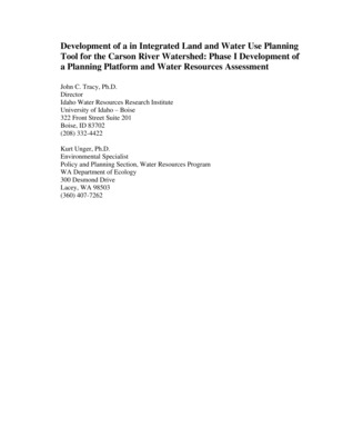 To enable this planning effort for the Carson River Basin this study develops a watershed scale Water Resources Planning Tool that can display the interaction between proposed development and hydrologic modification activities, and the impacts these activities could have on hydrologic conditions, water resource availability within the Carson River Watershed. The purpose of such a tool is two fold. First the tool can be used by a variety of agencies to help determine the viability of proposed plans based on their predicted impacts to a variety of stakeholder interests within the basin. Second, the tool can be used to aid in educating stakeholders on the impacts of development and hydrologic modification activities on water resources availability and water quality within the Carson River. The remainder of this report documents the mathematical approaches used to predict the hydrological behavior of the Carson River Watershed, and the development of the user interface to enable the Water Resources Planning Tool to be used most effectively by water resources planners and managers within the Carson River Watershed.