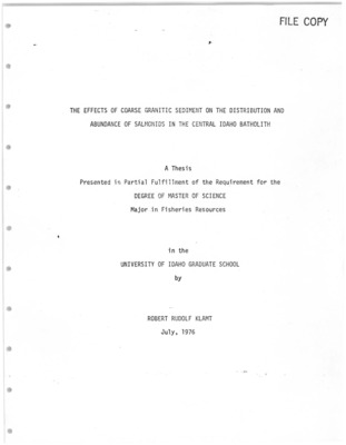 The effects of coarse granitic sediment on the abundance, distribution, growth, and behavior of juvenile salmonids and the abundance of aquatic insect drift were assessed by adding sediment to artificial and natural stream channels . These data were compared to two natural streams in the central Idaho batholith which already contained large amounts of sediment by correlating fish and insect drift abundance with percentage riffle sediment, riffle size, percentage cover in the pools, and average pool substrate embeddedness. Densities of juvenile steelhead trout (Salmo gairdneri Richardson), chinook salmon (Oncorhynchus tshawytscha (Walbauum)), and cutthroat trout (Salmo clarki Richardson) in the artificial stream channels decreased as we increased the amount of sediment in the channels. The densities of fish remaining in the channels during the winter tests (water temperature below 5 C) were smaller than in the summer tests (water temperature above 5 C) . Total insect drift density was not affected by the addition . of sediment to the riffles in the artificial streams, but evidence of a community shift to Diptera was observed. Addition of sediment into Knapp Creek reduced fish densities due to loss of cover and pool volume. Insect benthos and drift abundance was not significantly changed. Fish density correlated best with cover and insect drift density in the natural streams studied. Sediment altered the amount and quality of cover in the pools studied. Insect drift density correlated best with riffle size, and to a lesser degree with percentage sediment in the riffles.