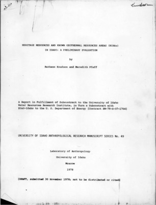 As part of the pre planning phase of development of selected Known Geothermal Resources Areas (KGRAs) in Idaho, a review has been conducted of the cultural and natural heritage resource data relevant to those areas. There is clear evidence of both known and potential paleontological, archaeological, historic, and architectural resources within most of these KGRAs, but the area actually field surveyed within these is usually less than 10%. Thus, the relevant site records and background information are provided here for each of the selected KGRAs (Vulcan, Crane Creek, Castle Creek, Bruneau, Mountain Home), for construction of more thorough and reliable accumulations of data to be used for resource impact evaluation. Draft.