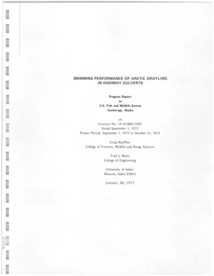 The principle purpose of this study is to establish design criteria for culverts that will ensure the maintenance of fish populations in streams traversed by the proposed Alaska Pipeline and its supporting highway. The original objectives of the study were : a} to determine the sustained swimming speed of mature Arctic grayling (Thymollus arcticus) during their spawning run in an inclined culvert in which flows and velocities were regulated, b) to determine the cruising speed of various size-classes of grayling in a circular channel at prevailing stream temperatures, and, c) to investigate the influence of water temperature on the swimming performance of Arctic grayling in controlled bioassay laboratories at the University of Idaho.