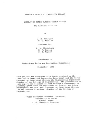 A conceptual study has been made of water recreation areas of lakes and reservoirs to provide a classification system that would be useful in managing recreational resource. An analysis of useful related research literature was made and is summarized. A classification system has been developed using a factor profile approach which is a graphical method of presenting important parameters that relate to the management and allocation problems. This approach was applied to several lakes and reservoirs that are representative of the resource in Idaho. A presentation is also made on the concept of carrying capacity as related to recreation type water, primarily lakes and reservoirs. Emphasis on the brief study has been on developing a conceptual approach and methodology. Additional testing will be required to verify the rating system and its application in determining carrying capacities.