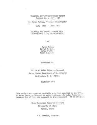 Many low and intermediate elevation watersheds in the Pacific Northwest receive both rain and snow precipitation during the winter months. This results in winter runoff events that are damaging to agricultural land and can also decrease the snow water storage limiting water availability in late spring and early summer. The winter and spring runoff from forested lands was studied at a snow research site where melt from the rain and snow events could be measured. Predictable lags occurred between time of melt and time of peak in stream hydrographs. The Kentucky Watershed Model was also used to evaluate the effects of precipitation type and amount on runoff patterns. Runoff in the early winter was not satisfactorily modeled. An agricultural watershed was used to study runoff and erosion resulting from rain on snow and rain on frozen ground. Soil loss was found to depend mainly on amounts of precipitation since runoff began, volume of runoff, change in snow cover and soil moisture conditions. Rain on frozen ground produced less erosion than comparable amounts of rain on bare unfrozen soil. A study of the water balance showed that precipitation was distributed approximately 27 percent to runoff, 57 percent to evapotranspiration and 16 percent to deep percolation. It also showed the Penman method of computing evapotranspiration was satisfactory when compared to soil moisture changes.