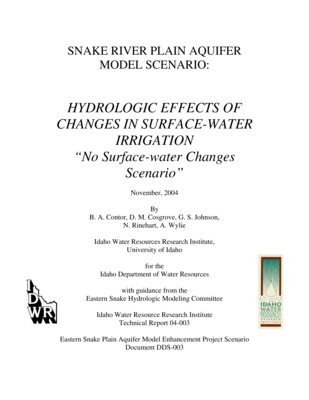 This scenario, Hydrologic Effects of Changes in Surface-water Irrigation Practices (also known as the No Changes in Surface-water Practices Scenario), is one of many simulations using the Snake River Plain aquifer model to provide information and assist in resolution of conflicts among water right holders and guide future water management such as implementation of managed recharge. Water management should be guided by a collective perspective, using many of the scenario evaluations rather than a single document. [...] This "No Changes in Surface-water Practices Scenario" is intended to answer the question: "If surface-water irrigation practices had remained as they were in the 1950s, how much higher would spring discharges be today?". This scenario is presented to provide context for other scenarios and allow comparison of relative magnitudes of other scenarios. Because this "No Changes in Surface-water Practices Scenario" incorporates changes in diversions that may be the direct result of groundwater development, it is not additive to other scenarios. In particular, this scenario is not additive to the Curtailment Scenario. Goals of the "No Changes in Surface-water Practices" analysis are: 1. Describe changes in surface water diversions and consumptive use on surface water- irrigated lands. 2. Quantify the propagation of these changes through the aquifer to the springs and river reaches. 3. Describe the uncertainty associated with estimates and assumptions used in the analysis. 4. Identify potential causes for observed changes in diversions and partition the total amount of change to these possible causes. 5. Compare the results of this scenario with other scenarios and other hydrologic studies. DRAFT.