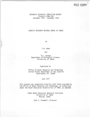 This project was initiated in recognition of the need for a study of the range of aquatic ecosystem types present in the state, and development of a classification system from which aquatic natural area needs could be identified. As most aquatic types are represented at numerous places, a selection system based on numerical ranking of sites was also developed. Specific project objectives were: 1. to locate unique and/or representative aquatic habitats throughout the state suitable for designation as aquatic natural areas, 2. to develop a classification of aquatic types with emphasis on small stream systems in northern Idaho, 3. to develop a methodology for selecting potential aquatic natural areas with emphasis on northern Idaho streams.
