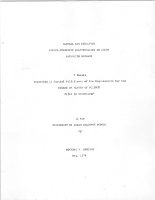 Laboratory and field studies were conducted to determine the effects of sediments on the distribution and abundance of insects in Idaho Batholith streams. Changes in characteristics of substrate, e.g. dominant substrate, embeddedness of dominant substrate, composition of material surrounding dominant substrate, and water velocities were correlated with changes in benthic insect populations. Multiple regression analysis indicated benthic populations were not responsive to sediment introduction until the dominant substrate became heavily imbedded. Species diversity was found to be directly correlated with water velocities below 0.35 m per sec. Sediment introduction upon riffles in a natural stream, indicated that rocks greater than 6.5 cm in size contributed most to species diversity of the riffle. Riffles composed of cobble recovered more rapidly to the pre-treatment species diversity than riffles without cobble.