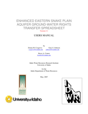 The purpose of this spreadsheet and accompanying programs is to provide water users and managers with a common tool for the analysis of hydrologic impacts of groundwater right transfers within the Eastern Snake River Plain aquifer on gains and losses of the Snake River. The analysis describes how hydrologic impact (not necessarily injury) varies over time in eleven reaches of the Snake River defined by gaging stations and major spring locations: 1) Ashton to Rexburg, 2) Heise to Shelley, 3) Shelley to Near Blackfoot, 4) Near Blackfoot to Neeley, 5) Neeley to Minidoka, 6) Devil's Washbowl to Buhl, 7) Buhl to Thousand Springs, 8) Thousand Springs, 9) Thousand Springs to Malad, 10) Malad, and 11) Malad to Bancroft. These reaches have been identified as hydraulically connected with the aquifer through previous modeling studies. This tool is based on the enhanced Snake River Plain Aquifer Model. The spreadsheet is intended for comparison of hydrologic impacts from existing uses with those that would result from a groundwater right transfer. A transfer may require that the use under the water right be limited in quantity so that the estimated impacts do not exceed those resulting from continuing the current water use. The spreadsheet allows users to experiment with the rate of use in a proposed transfer in order to achieve the desired balance of impacts between continued pumping at an existing location (or locations) to pumping at a proposed transfer site. What's new in Version 3.1: Version 3.1 of the Water Rights Transfer Tool has been updated to use Version 1.1 of the Eastern Snake Plain Aquifer Model (ESPAM), the most recent version of the groundwater model on the eastern Snake River Plain. The basic functionality of the Transfer Tool has not been modified. When running the Transfer Tool, the user is no longer warned that old 'well' files exist. The old files are deleted prior to running the tool. Additionally, a definition of which months are included in Spring, Summer and Winter has been added. Some cosmetic changes were made to the graphics and several graphs were added to enhance tool use. Additionally, a Transfer Summary worksheet was added for use in reporting the transfer results to IDWR. The user's manual has been updated to describe all of these changes.