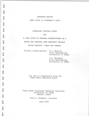 This study of the water use and water control of the Boise River Project as a part of a case study of Federal expenditures on a water and related land resources project has reviewed the basic hydrologic system, the reservoir system, the irrigation system, the water rights, the groundwater conditions, the flood; and flood control, and general reservoir operations over time. Emphasis in the study has been the accumulation, classification, and arrangement of water information for later use in the over all research effort of studying whether the objectives of water development are being met. This has been done recognizing that the planning for and development of the Boise River Project has been evolutionary over a period of over 100 years. Where possible an audit has been presented of whether the water use and water control functions are meeting good standards. Brief conclusions are presented with recommendations for more detailed studies that might be accomplished in future phases of this continuing project.