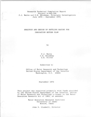 The purpose of this study was to develop and evaluate design criteria for sedimentation basins for irrigation return flow concentrated in drainage ditches