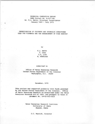 A method for the design of siot orifice fishways for box culverts was developed. Characteristics for a satisfactory fishway are identified. Appropriate graphs for sizing slot orifice fishways for a given performance capability of a fish are presented. The hydraulics of slot orifices constructed in the face of skewed wingwalls is explained. A table listing the swimming capability of various species of fish was compiled from existing literature, A hodograph for the wake boundary behind a flat plate placed normal to free surface flow was developed. A comparison of the size of wakes produced by a flat plate, a 90-degree wedge and a circular cylinder were made. The shape of wakes produced by embedded sphere with different degrees of submergence was also studied.