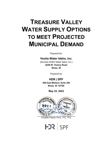 The Treasure Valley benefits from a substantial local water supply, arguably a greater per capita supply of surface water and groundwater than in many other arid western urban areas. Nevertheless, the Treasure Valley faces the challenge of supplying municipal water to a growing population. Municipal demand is projected to increase by another 110,000 AF to 190,000 AF in the coming decades. Although Treasure Valley aquifers will support additional pumping, there are aquifer-capacity, water-quality, and administrative constraints that may limit additional groundwater withdrawals in some areas. Fortunately, there are numerous options available for increasing municipal supplies. Potential water sources include additional groundwater development, new upstream storage, the Snake River, the Boise River downstream of Star, and treated municipal effluent. In combination, these sources likely will be sufficient to meet the projected domestic, commercial, municipal, and industrial (DCMI) demand in the Treasure Valley over the coming decades. Developing these sources will likely entail overcoming various physical, institutional, and administrative constraints. Meeting a growing municipal water demand will require an adaptive, cooperative strategy for developing some or all of the water-supply options described in this report.Meeting a growing municipal water demand will require an adaptive, cooperative strategy for developing some or all of the water-supply options described in this report.