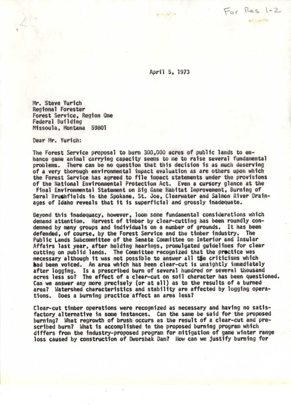 Letter from Senator James A. McClure to Steve Yurich, Regional Forester with the US Forest Service, in which McClure raises concerns about Forest Service plans for prescribed burns.