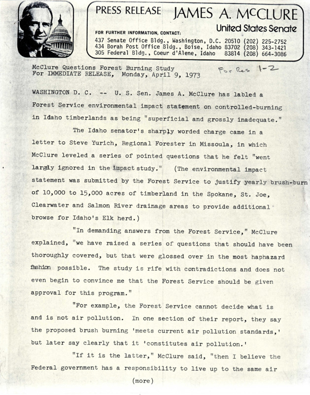 Press release describing Senator James A. McClure's response to a US Forest Service environmental impact statement related to controlled burning in Idaho timberlands.