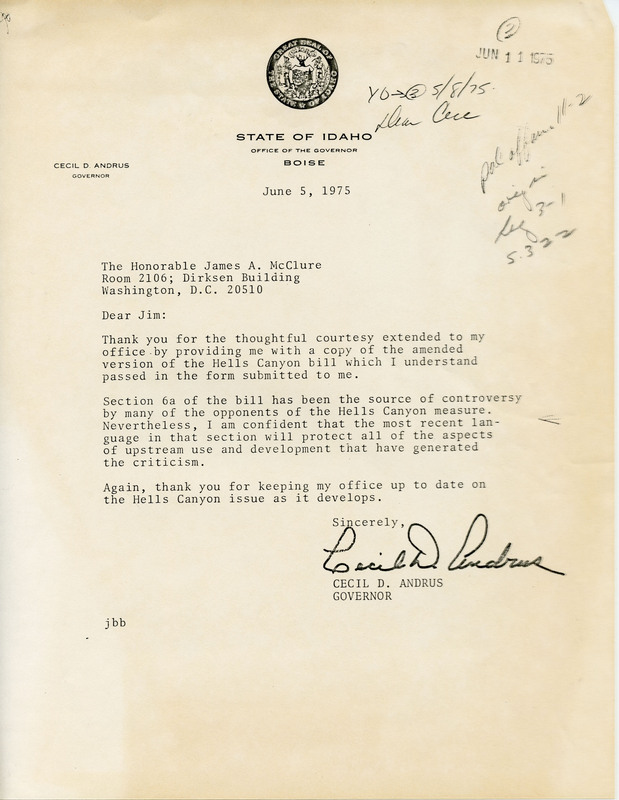 Letter from Governor Cecil D. Andrus to Senator James A. McClure regarding the amended version of the Hells Canyon bill.