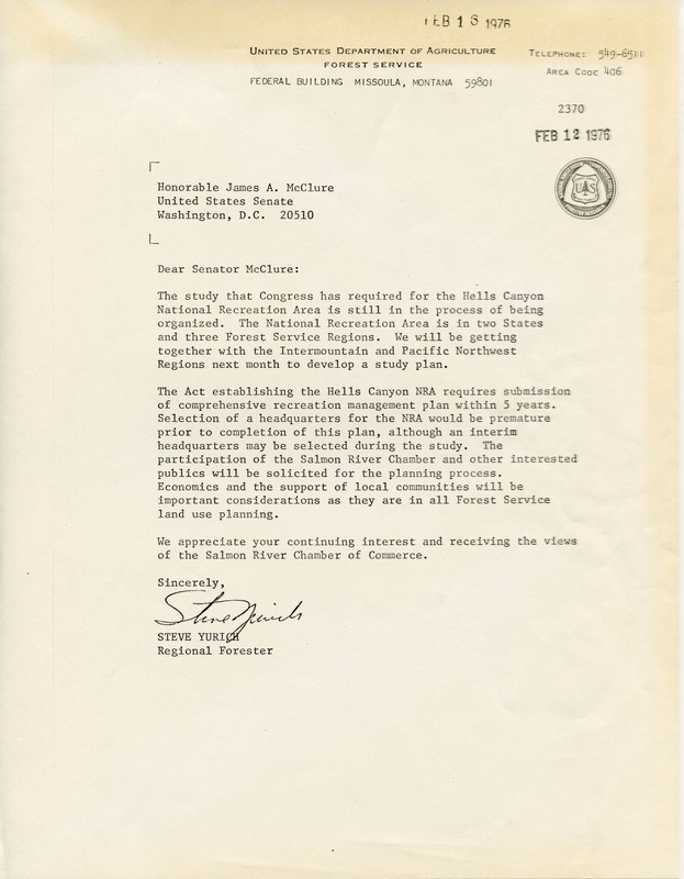 Letter from Regional Forester Steve Yurich to Senator James McClure regarding a study Congress required as part of the creation of Hells Canyon National Recreation Area.