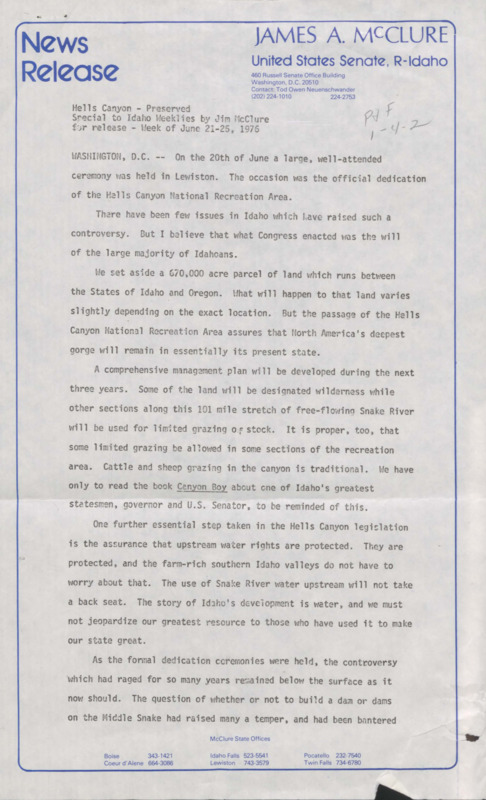 News release from Senator McClure's office released following the dedication ceremonies for Hells Canyon National Recreation Area.