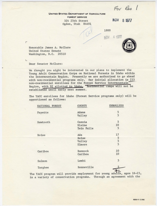 A letter from Vern Hamre, Regional Forester with the US Forest Service, to Senator James A. McClure, in which Hamre informs McClure of plans to implement the Young Adult Conservation Corps on National Forests in Idaho. Hamre includes details about the planned program.