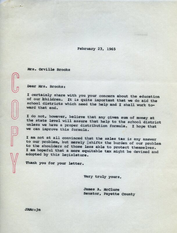 Senator James A. McClure responds to a letter from constituent Elizabeth H. Brooks, explaining his perspective on funding for public education.