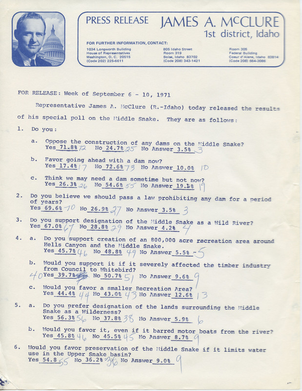 Press release announcing the results of a poll conducted by Representative McClure of his constituants regarding the Middle Snake. Specifically discusses dams, the creation of a recreation area, and wild river designation.