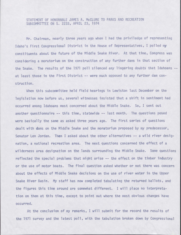 Statement by Senator McClure on S. 2233, the legislation regarding the proposed creation of Hells Canyon National Recreation Area.