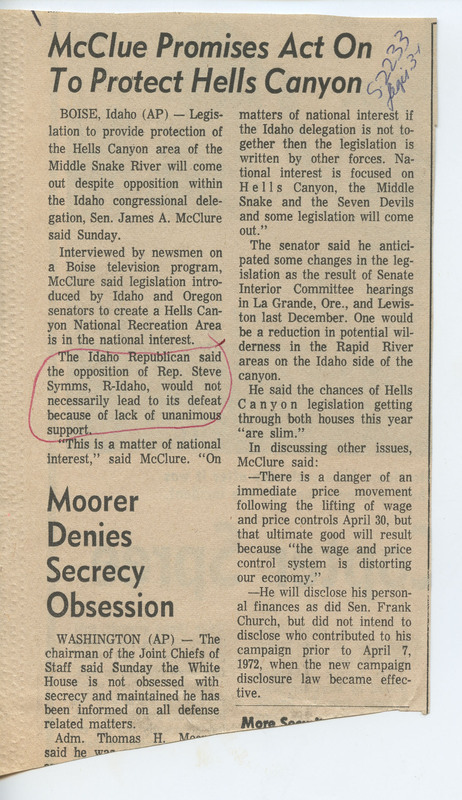Newspaper clipping in which McClure announced protections for the MIddle Snake River.