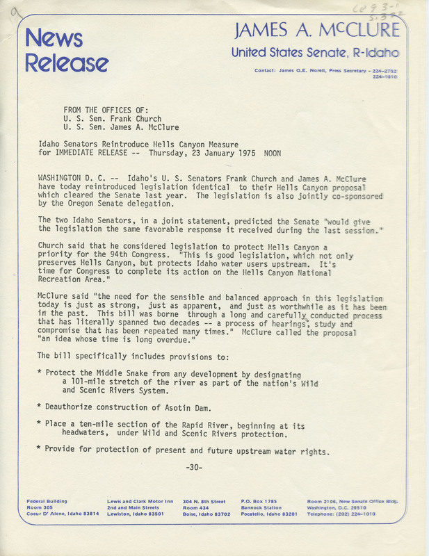 News release from Senator McClure's office. Discusses Senators Frank Church and James McClure reintroducting legislation for the creation of Hells Canyon National Recreation Area which was co-sponsored by Oregon Senate delegates.