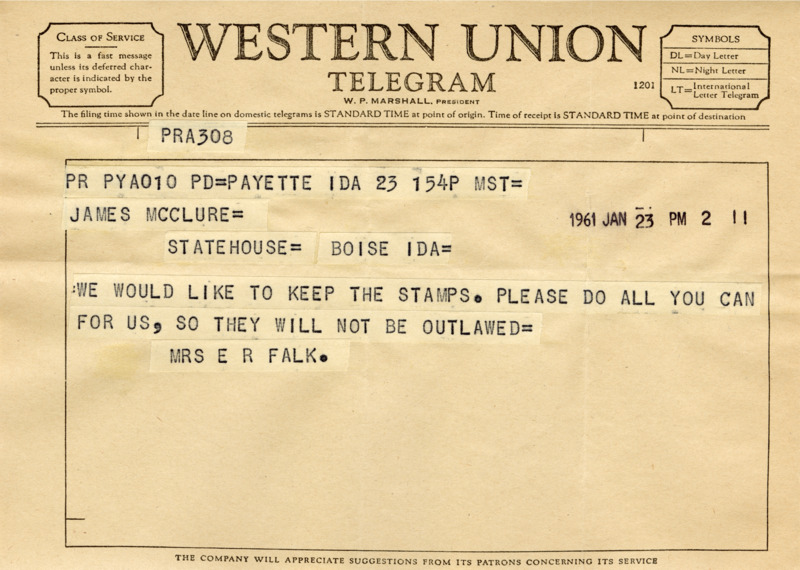 A telegram from Mrs. E. R. Falk encourages Senator James A. McClure to vote in favor of keeping S&H Green Stamps.
