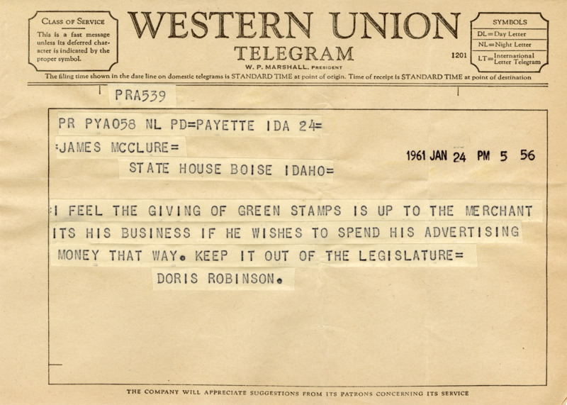 A telegram from Doris Robinson encourages Senator James A. McClure to vote in favor of keeping S&H Green Stamps.