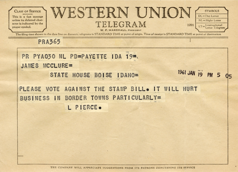 A telegram from L. Pierce encourages Senator James A. McClure to vote in favor of keeping S&H Green Stamps.