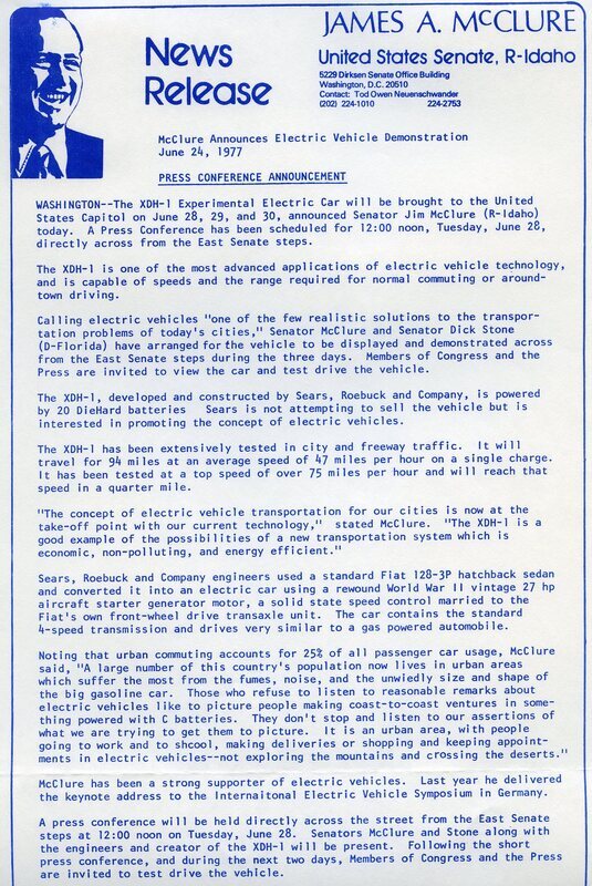 A press conference announcement by Senator James A. McClure states that the XDH-1 Experimental Electric Car will be brought to the U.S. Capitol for a demonstration.