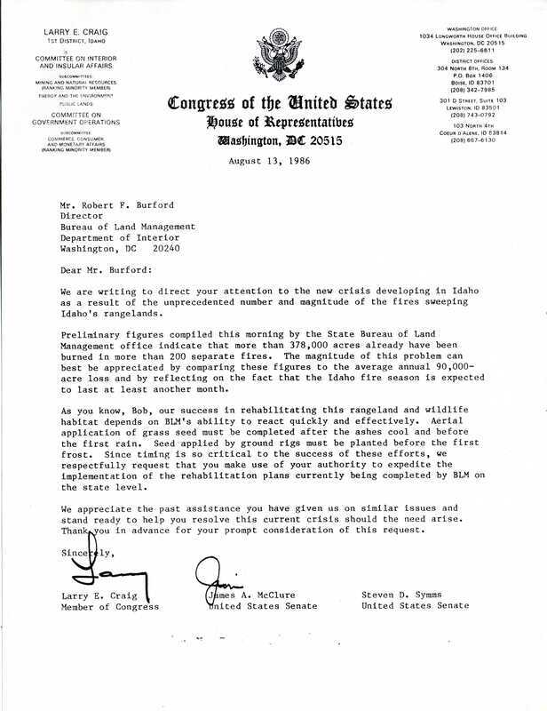 Letter from US senators James A. McClure, Larry E. Craig, and Steven D. Symm to Bureau of Land Management Director Robert F. Buford in which the senators urge a quick and effective rehabilitation response after wildfires.