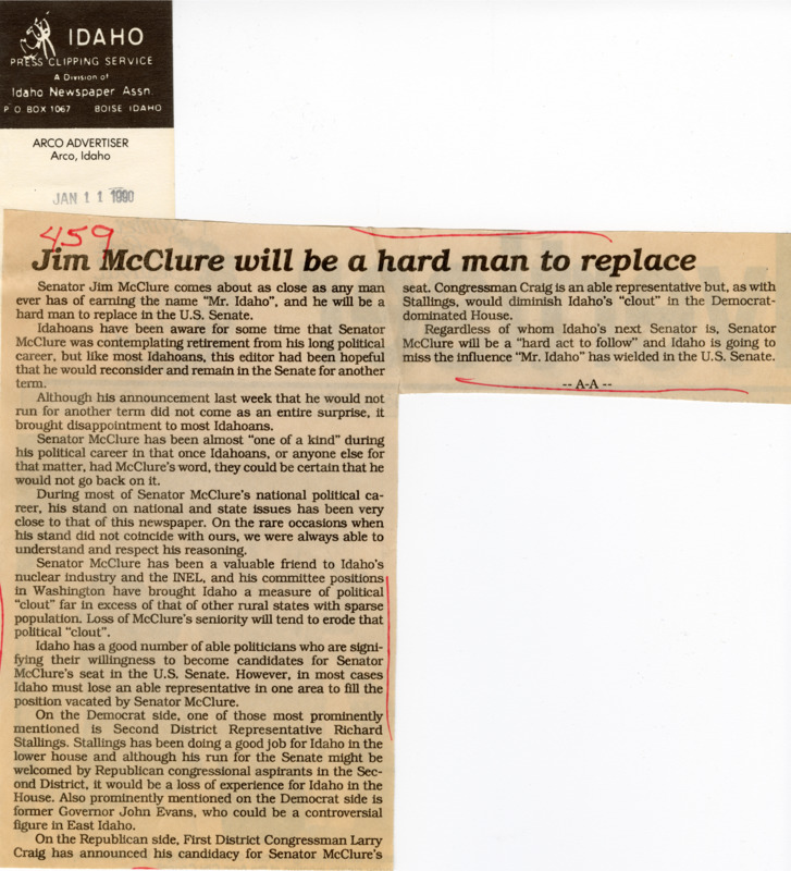 An article from the Arco Advertiser of Arco, Idaho, praises Senator James A. McClure following his retirement announcement.