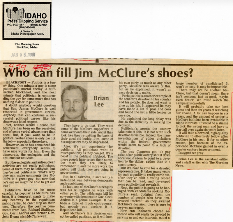 An opinion piece from The Morning News of Blackfoot, Idaho, contemplates the challenge of replacing Senator James A. McClure following his retirement announcement.