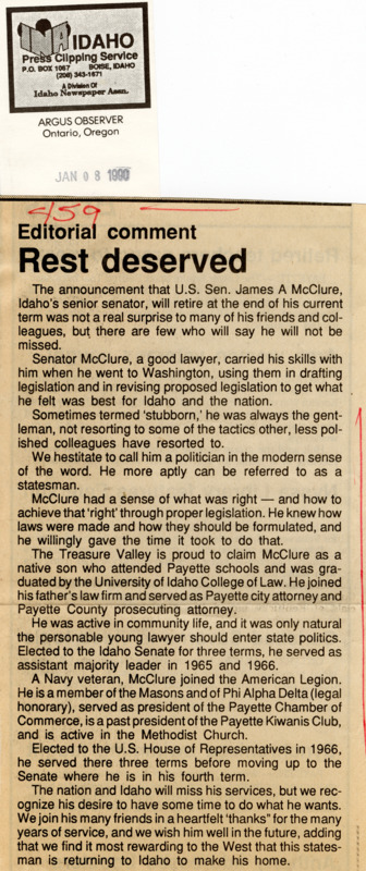 An editorial from the Argus Observer of Ontario, Oregon, reflects on the life and career of Senator James A. McClure following his retirement announcement.