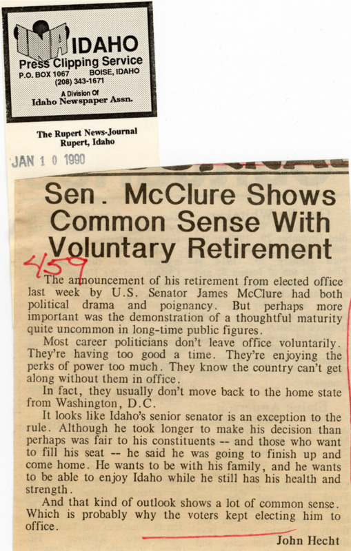 An opinion piece from The Rupert News-Journal of Rupert, Idaho, praises Senator James A. McClure for choosing to retire on his own terms.
