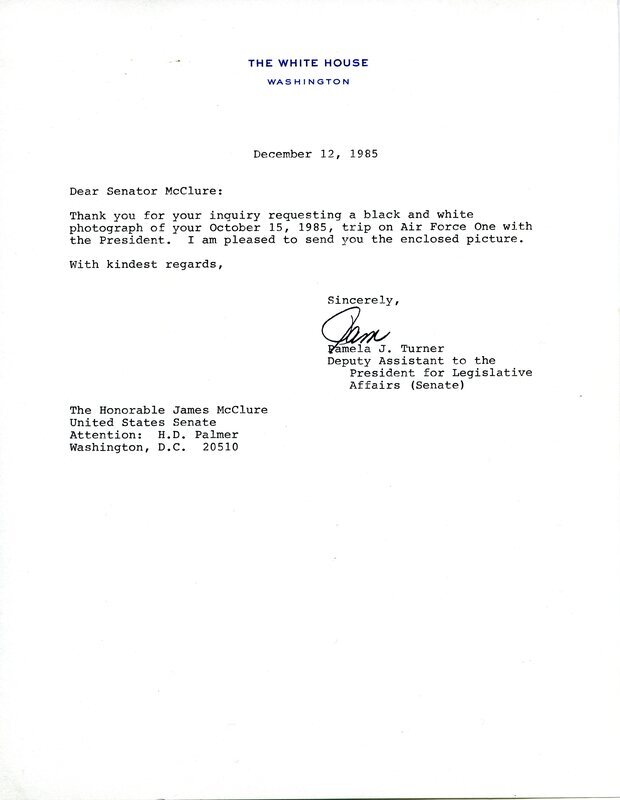 Letter in which White House staffer Pamela J. Turner provides details to Senator James A. McClure about an enclosed photograph of McClure and others aboard Air Force One with President Ronald Reagan.