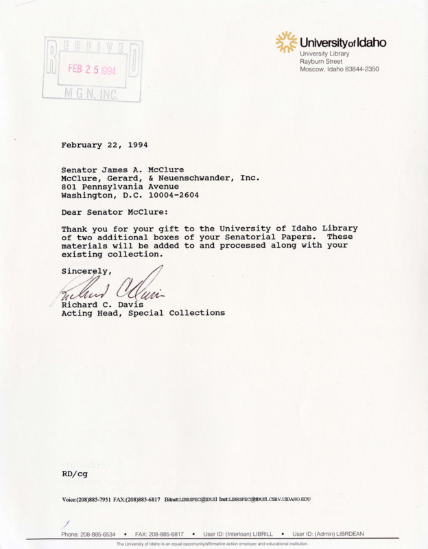 University of Idaho Special Collections acting head Richard C. Davis thanks Senator James A. McClure for the donation of two boxes of McClure's Senatorial Papers.